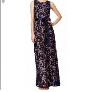 Adrianna Papell Blue Sleeveless Crew Neck Maxi Gown